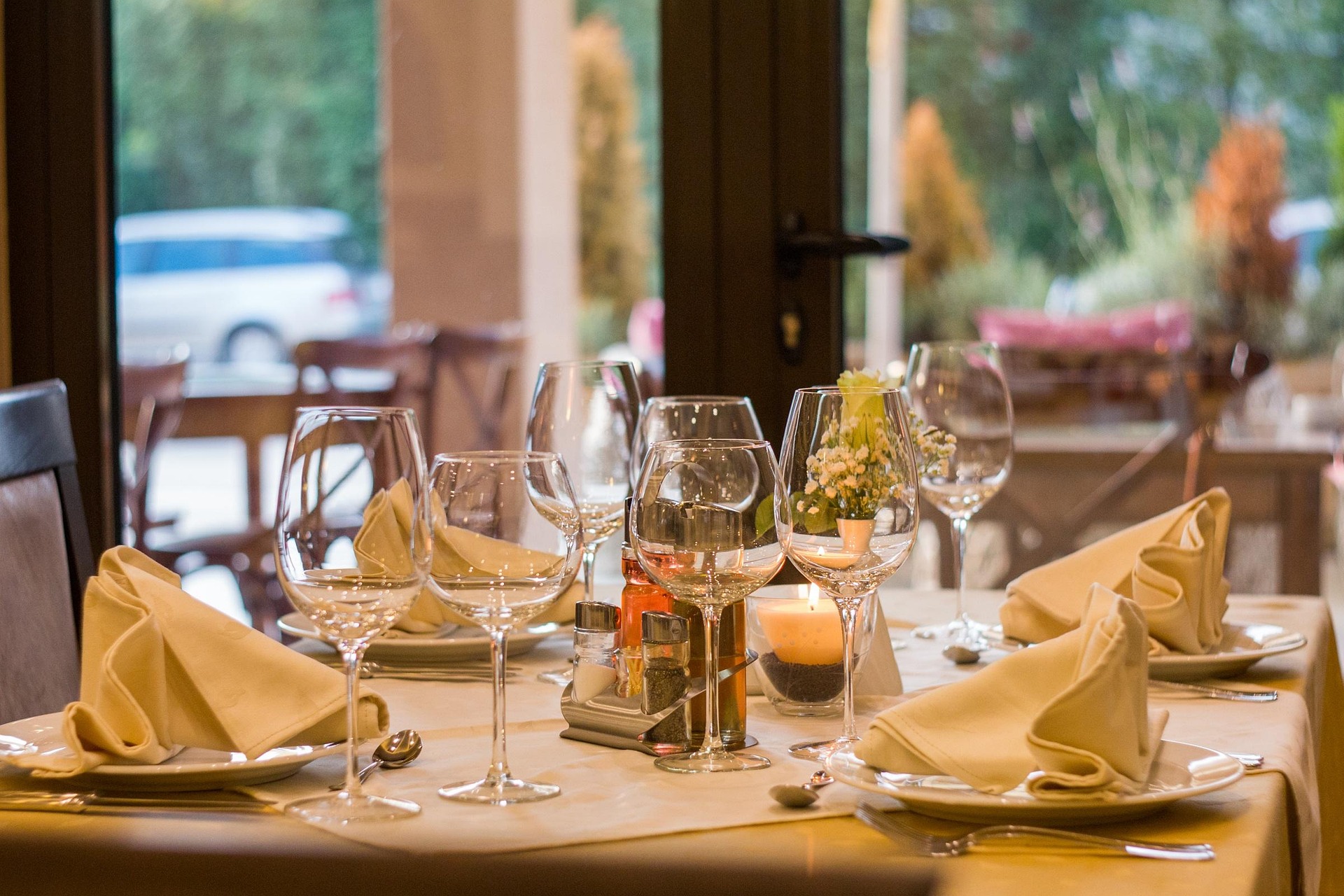 A festively decorated table in a hall
