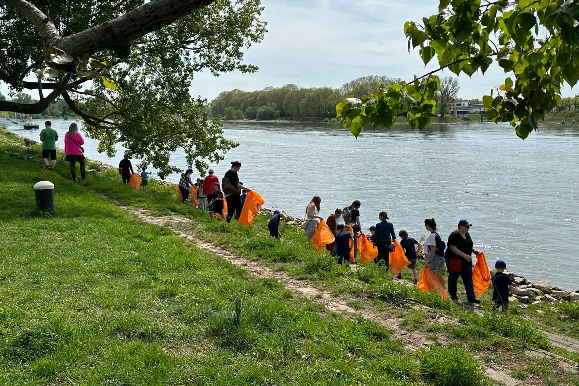 Eine Gruppe von Menschen sammelt Müll am Rheinufer
